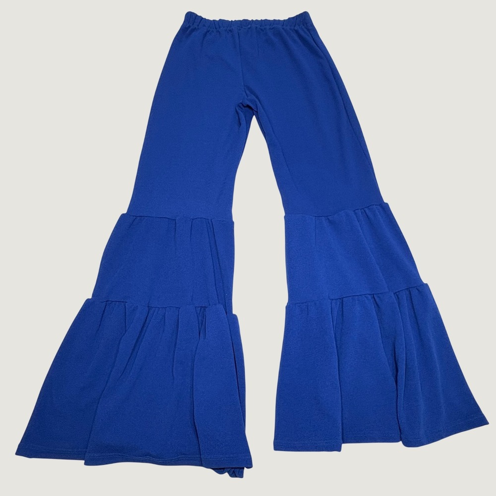 Park Avenue Bell Bottom Pants Womens XL Blue Tiered Ruffle Retro Disco 70s Flare